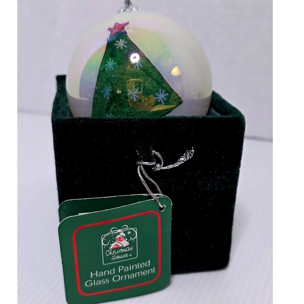 Christmas House Hand Painted Glass Ornament Christmas Tree‎ with Box Preowned